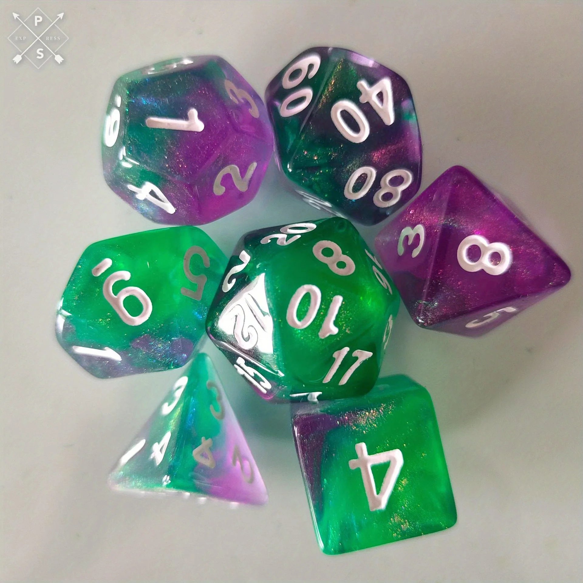 Colorway two-tone D&D dice Purple Green